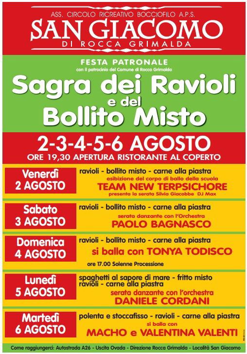 Dal 2 al 6 agosto a San Giacomo di Rocca Grimalda torna la Sagra dei Ravioli e del Bollito Misto