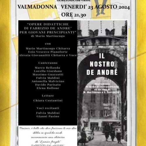 A Valmadonna il teatralconcerto “Il nostro De Andrè”, ultimo appuntamento del Festival Libri&Arte in Valle