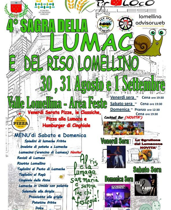 Dal 30 agosto al 1° settembre la Sagra della lumaca e del riso lomellino a Valle Lomellina