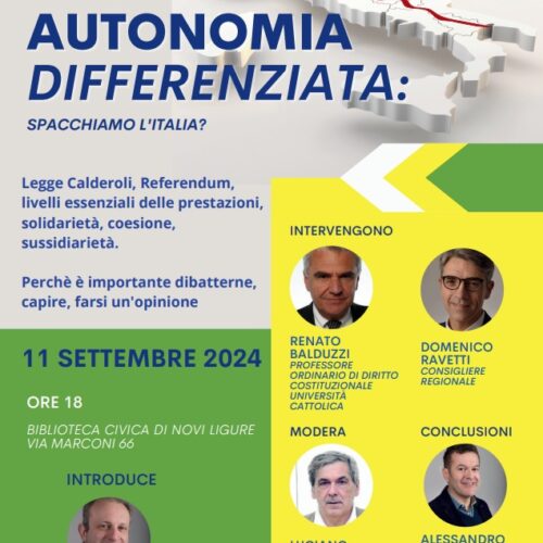 “Autonomia differenziata”: l’11 settembre incontro di Venti per Novi con Renato Balduzzi e Domenico Ravetti