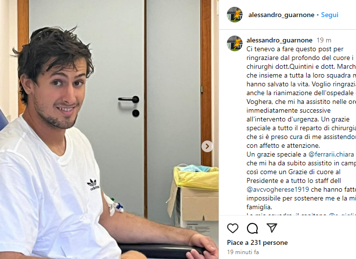 “Mi hanno salvato la vita”: il messaggio sui social del portiere Alessandro Guarnone