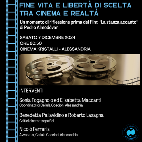 Fine vita: sabato al Cinema Kristalli di Alessandria un punto informativo con la Cellula Coscioni