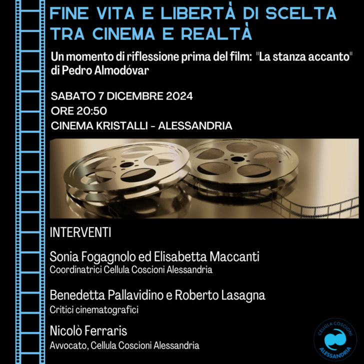 Fine vita: sabato al Cinema Kristalli di Alessandria un punto informativo con la Cellula Coscioni