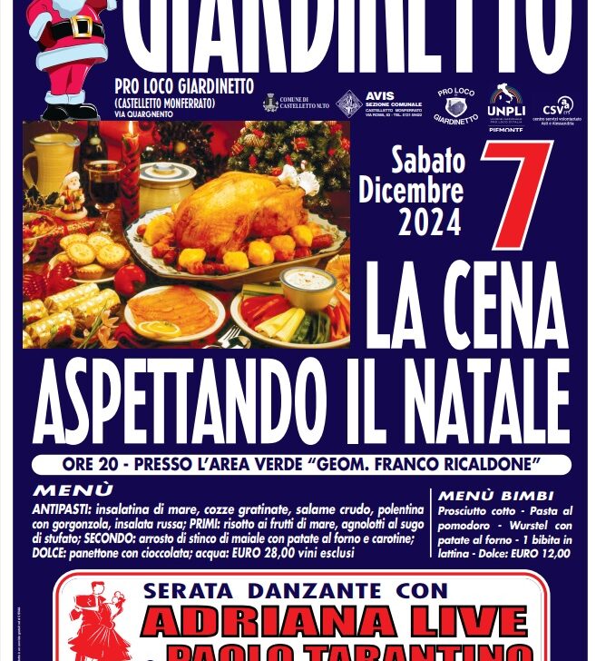 Sabato 7 dicembre a Giardinetto cena e serata danzante “Aspettando il Natale”