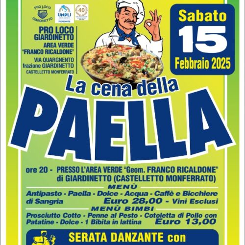 Il 15 febbraio “Cena della Paella” e serata danzante a Giardinetto