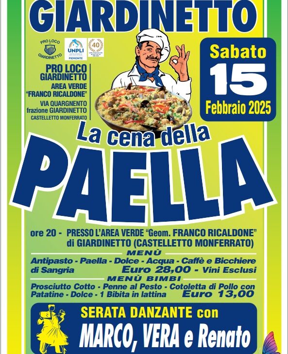 Il 15 febbraio “Cena della Paella” e serata danzante a Giardinetto