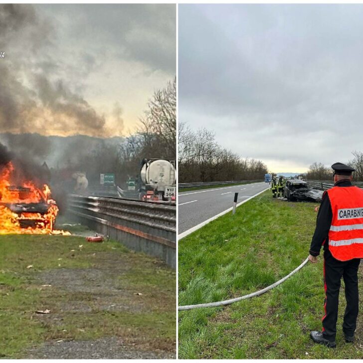 Auto in fiamme in autostrada: i Carabinieri salvano una coppia