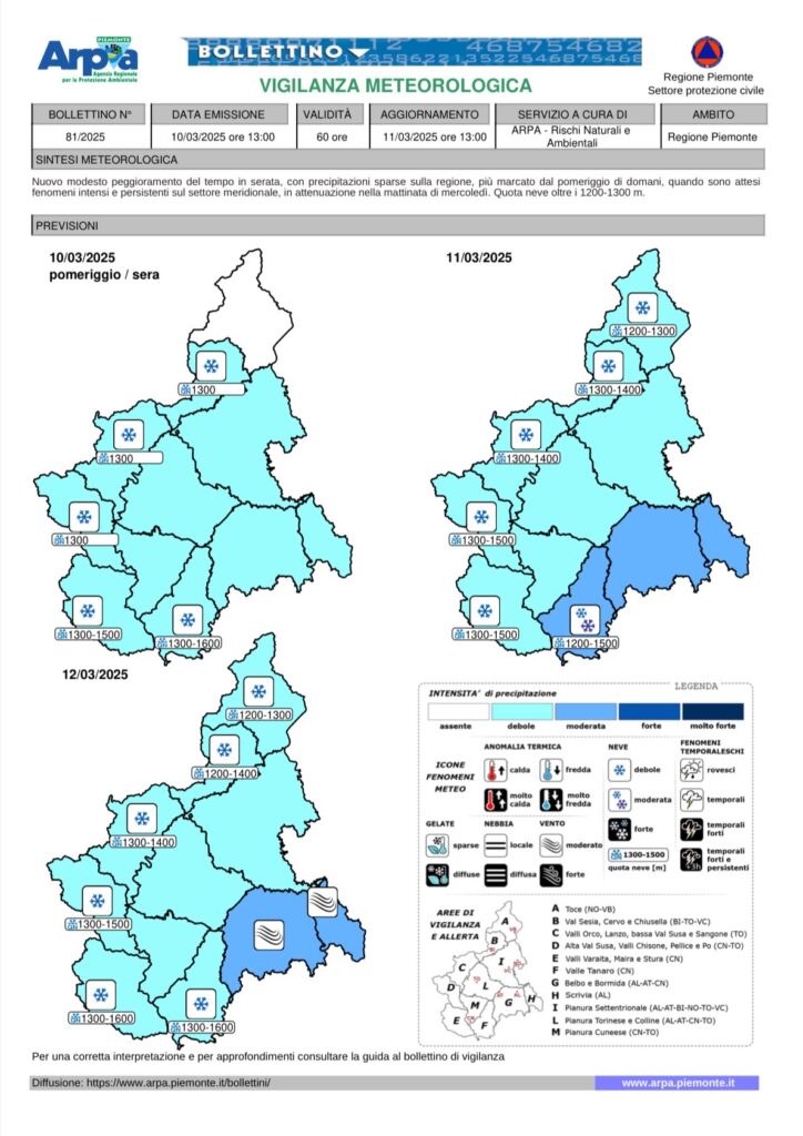 Bollettino meteo Arpa Piemonte 10 marzo 2025