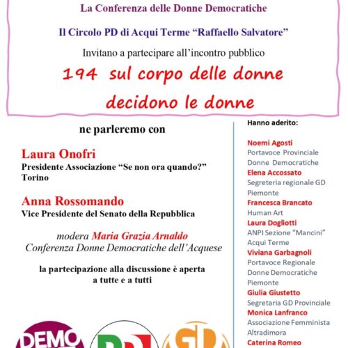 Ad Acqui l’incontro “194 – Sul corpo delle donne decidono le donne”