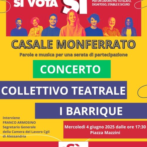 Mercoledì a Casale in piazza Mazzini concerto e parole per il “Sì ai referendum”