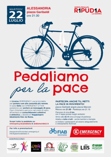 Alessandria pedala per la pace: il 22 luglio l’evento di Emergency e Fiab