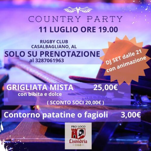 Venerdì 11 luglio “Country Party” al Rugby club