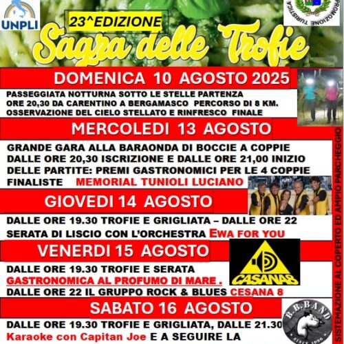 La Sagra delle Trofie di Carentino entra nel vivo: sport, musica e sapori fino al 17 agosto