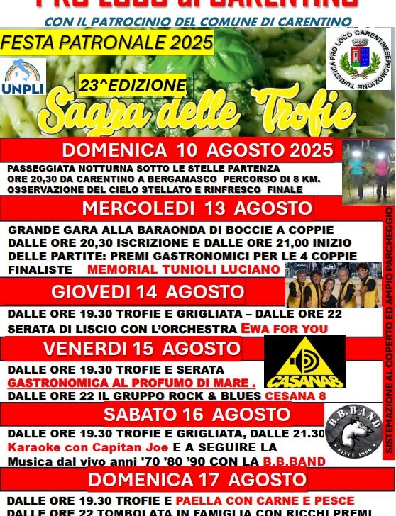 La Sagra delle Trofie di Carentino entra nel vivo: sport, musica e sapori fino al 17 agosto