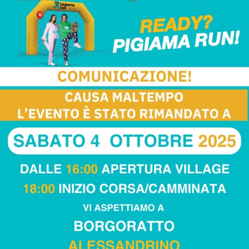 Maltempo obbliga a rinviare la Pigiama Run: appuntamento a Borgoratto il 4 ottobre