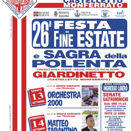 Il 13 e 14 settembre a Castelletto Monferrato la festa di fine estate e la sagra della polenta