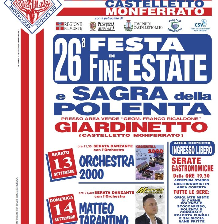 Il 13 e 14 settembre a Castelletto Monferrato la festa di fine estate e la sagra della polenta