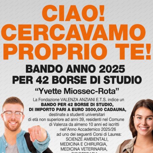 Fondazione Valenza Anziani: 42 borse di studio “Yvette Miossec-Rota” per studenti universitari 
