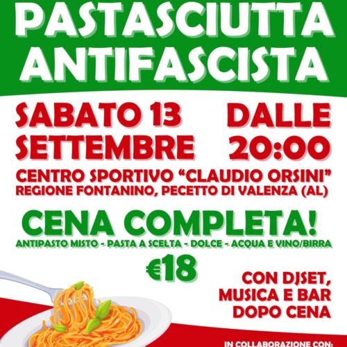 Pastasciutta antifascista sabato 13 settembre a Pecetto di Valenza