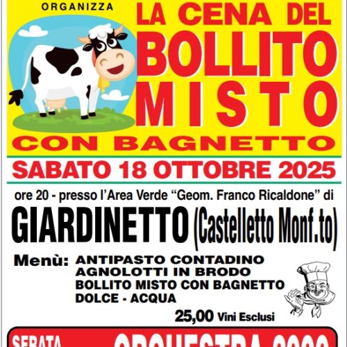 A Giardinetto la “Cena del Bollito Misto con Bagnetto”: tradizione e musica per una serata tutta piemontese