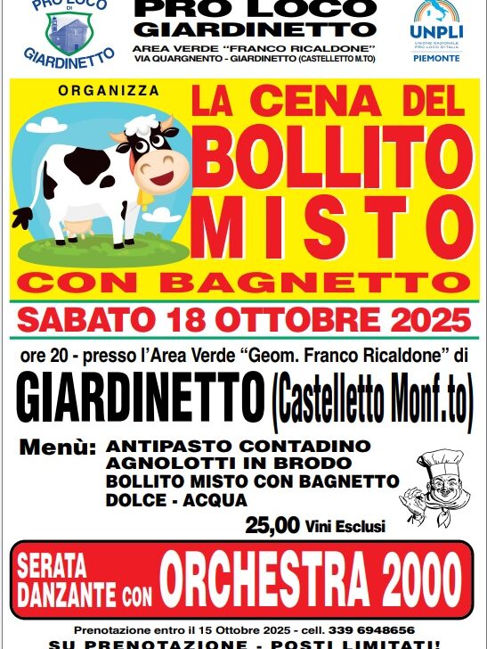 A Giardinetto la “Cena del Bollito Misto con Bagnetto”: tradizione e musica per una serata tutta piemontese