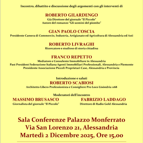 Alessandria, gli alessandrini e l’alessandrinità: incontro il 2 dicembre a Palazzo Monferrato