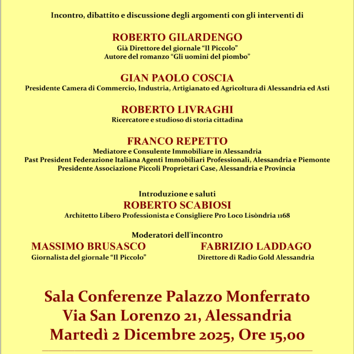Alessandria, gli alessandrini e l’alessandrinità: incontro il 2 dicembre a Palazzo Monferrato