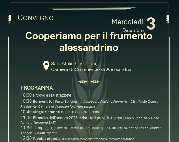 “Cooperiamo per il frumento alessandrino”: il 3 dicembre il convegno che rafforza la filiera cerealicola del territorio