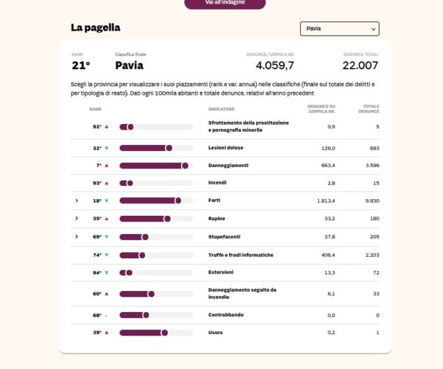 Criminalità, Pavia 21ª in Italia: crescono furti e danneggiamenti, stabile il trend dei reati informatici