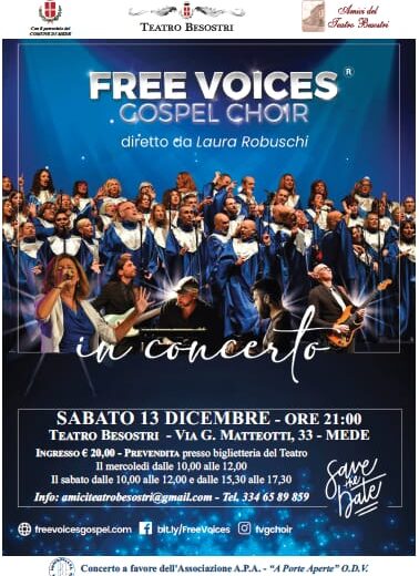 Sabato 13 dicembre il Free Voices Gospel Choir al Teatro Besostri di Mede