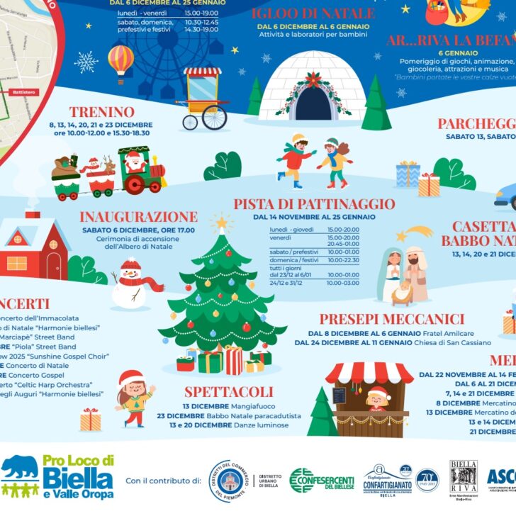 A Biella entrano nel vivo gli appuntamenti natalizi: nel weekend mercatini, trenino, Babbo Natale e “Città del Market”