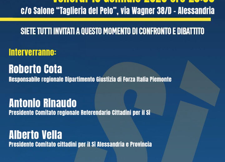 Forza Italia: il 16 gennaio il ministro Zangrillo ad Alessandria per il sì al referendum sulla giustizia