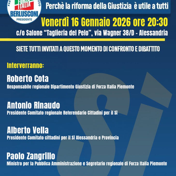 Forza Italia: il 16 gennaio il ministro Zangrillo ad Alessandria per il sì al referendum sulla giustizia