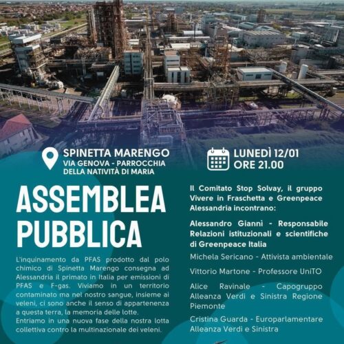 Pfas: a Spinetta assemblea pubblica dei comitati Stop Solvay, Vivere in Fraschetta e Greenpeace