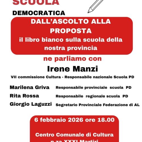 Appunti per una scuola democratica: il 6 febbraio a Valenza l’incontro promosso dal Pd
