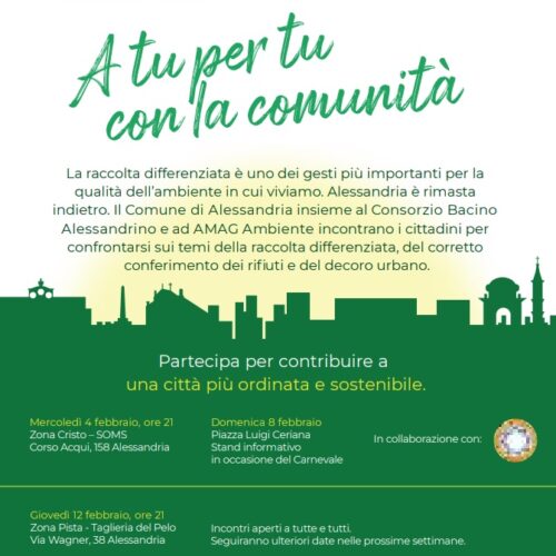 Rifiuti, raccolta differenziata e decoro: a febbraio i primi incontri con i cittadini di Alessandria