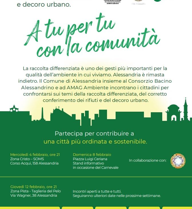 Rifiuti, raccolta differenziata e decoro: a febbraio i primi incontri con i cittadini di Alessandria