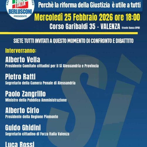 Referendum sulla Giustizia: il 25 febbraio a Valenza Forza Italia promuove un incontro per il Sì