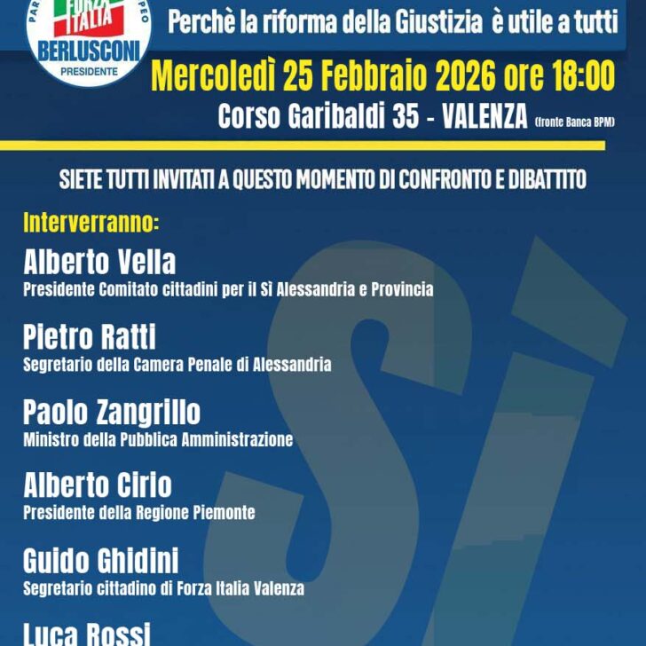 Referendum sulla Giustizia: il 25 febbraio a Valenza Forza Italia promuove un incontro per il Sì