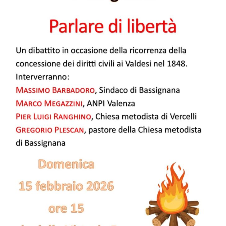 “Parlare di libertà”: domenica 15 febbraio a Bassignana la celebrazione dei diritti civili dei valdesi