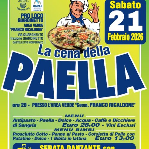 A Giardinetto torna la Cena della Paella: sabato 21 febbraio festa e serata danzante con Monica Live