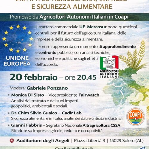 Venerdì a Solero il forum degli Agricoltori Autonomi sull’accordo Unione Europea-Mercosur