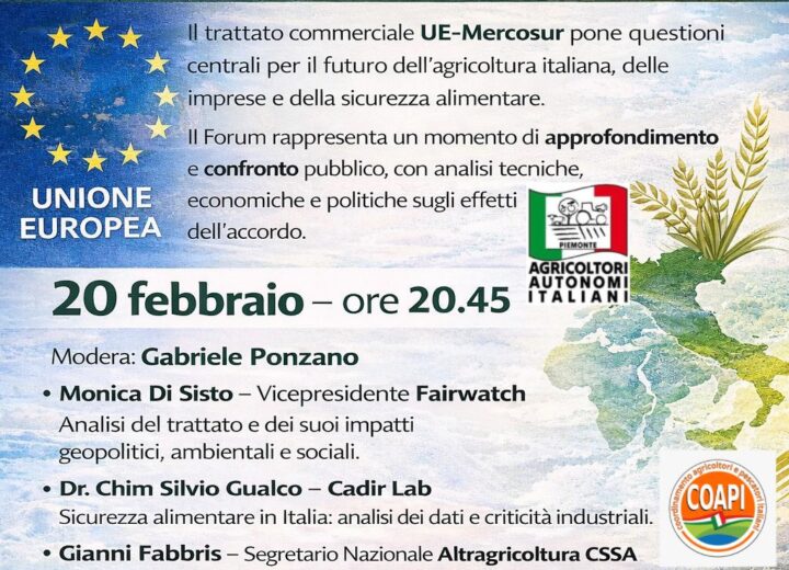 Venerdì a Solero il forum degli Agricoltori Autonomi sull’accordo Unione Europea-Mercosur
