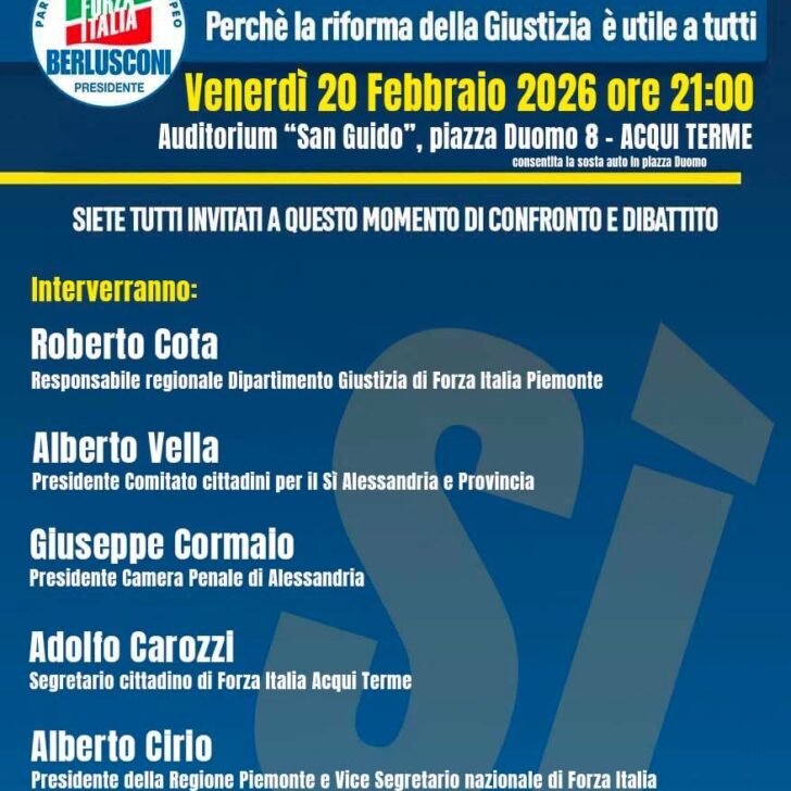Referendum sulla Giustizia: venerdì ad Acqui l’incontro per il Sì promosso da Forza Italia
