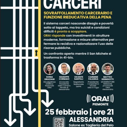 “Memento Carceri”: il 25 febbraio ad Alessandria incontro su sovraffollamento e funzione rieducativa della pena