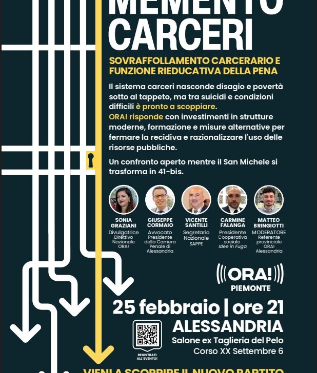 “Memento Carceri”: il 25 febbraio ad Alessandria incontro su sovraffollamento e funzione rieducativa della pena