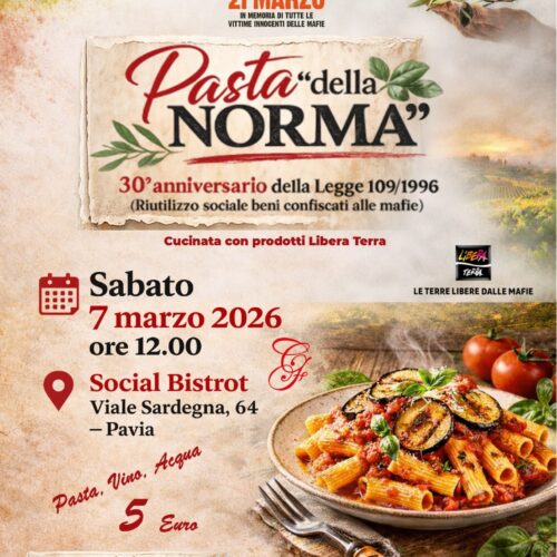 A Pavia una “Pasta della Norma” con Libera per i 30 anni della legge sui beni confiscati