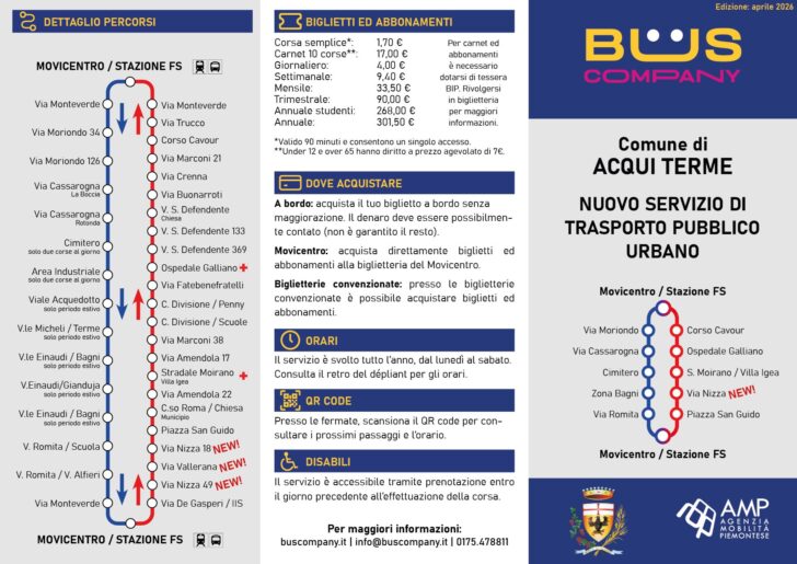 Trasporto urbano, dall’8 aprile cambiano le linee Rossa e Blu ad Acqui Terme