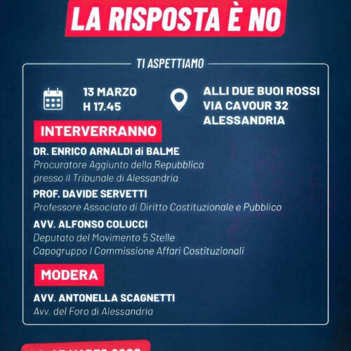 Referendum Giustizia: venerdì 13 marzo incontro pubblico per il No promosso dal M5s Alessandria