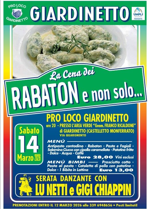 A Giardinetto la “Cena dei Rabatòn”: sabato 14 marzo tradizione, musica e convivialità